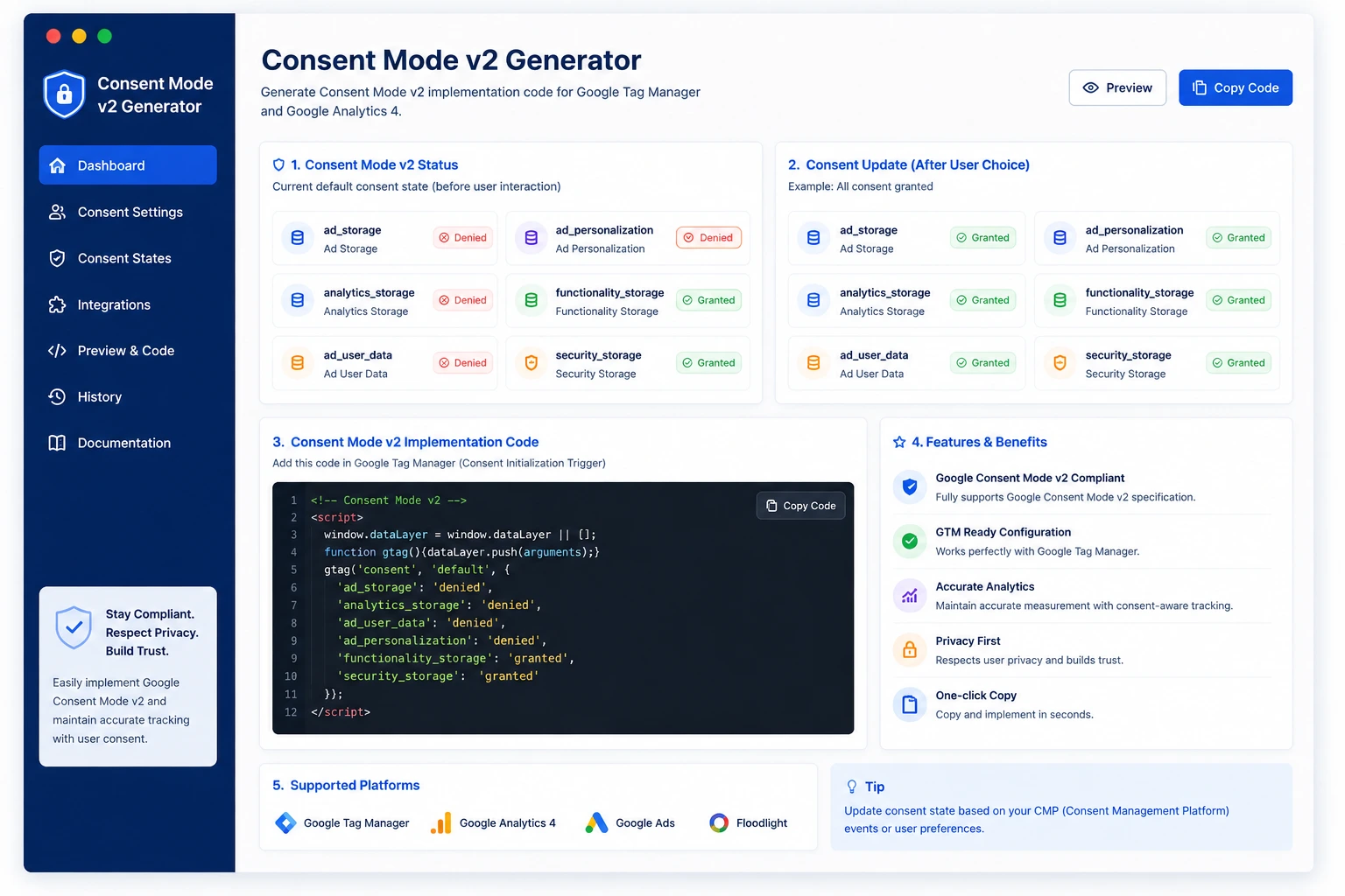 Consent Mode v2 Generator Dashboard