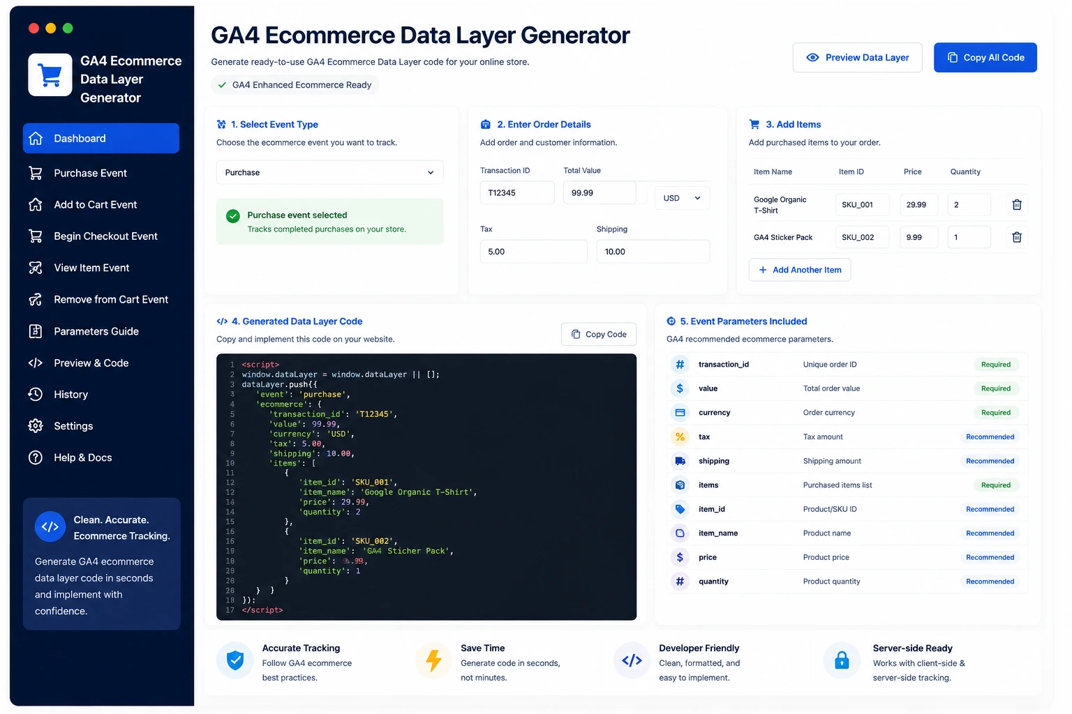 GA4 Ecommerce Data Layer Generator Dashboard
