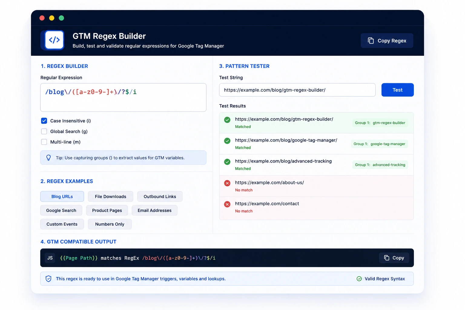 GTM Regex Builder Dashboard