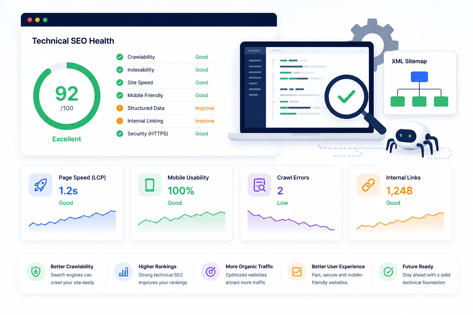 Technical SEO audit dashboard showing crawlability, indexing, site speed, mobile usability and internal linking